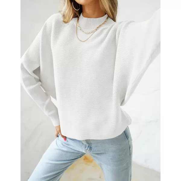 imageZESICA Womens 2023 Fall Turtleneck Batwing Long Sleeve Ribbed Knit Casual Soft Pullover Sweater Jumper TopWhite