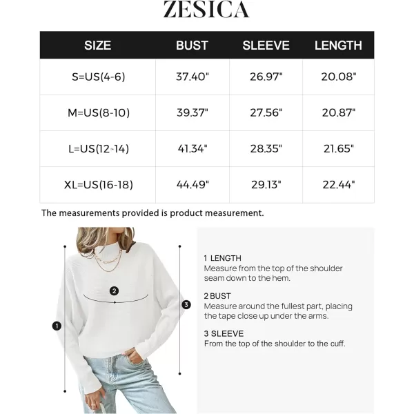 imageZESICA Womens 2023 Fall Turtleneck Batwing Long Sleeve Ribbed Knit Casual Soft Pullover Sweater Jumper TopWhite