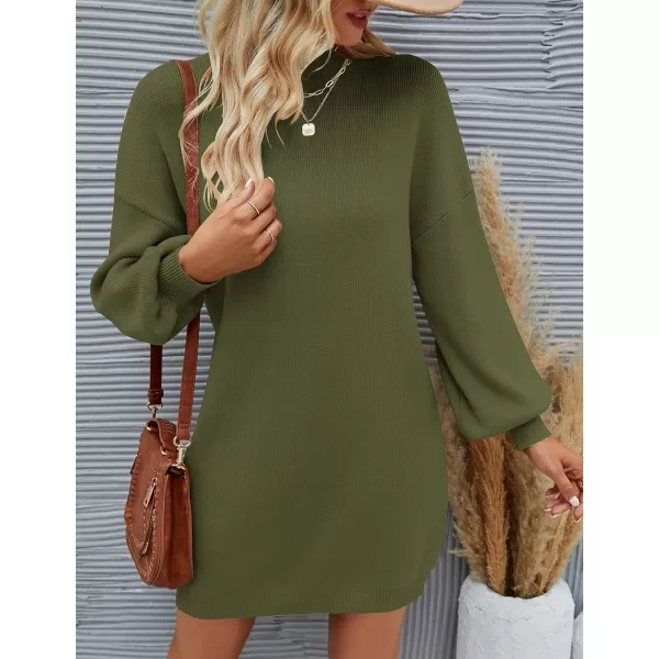 imageZESICA Womens 2023 Fall Turtleneck Sweaters Dress Oversized Long Lantern Sleeve Casual Knit Pullover Short DressesArmygreen