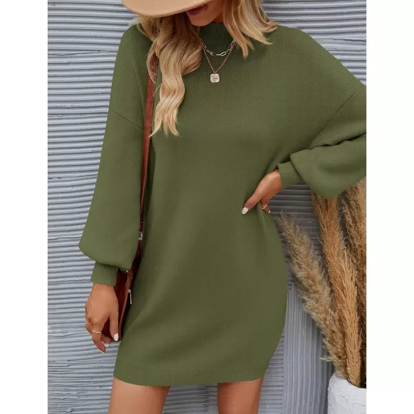 imageZESICA Womens 2023 Fall Turtleneck Sweaters Dress Oversized Long Lantern Sleeve Casual Knit Pullover Short DressesArmygreen