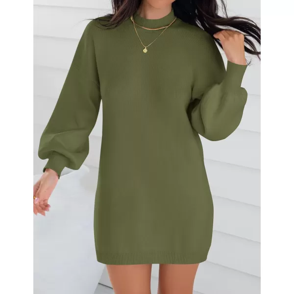 imageZESICA Womens 2023 Fall Turtleneck Sweaters Dress Oversized Long Lantern Sleeve Casual Knit Pullover Short DressesArmygreen