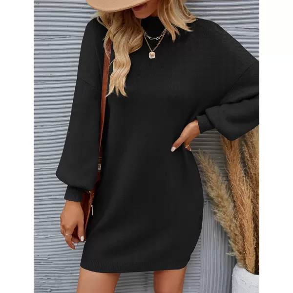 imageZESICA Womens 2023 Fall Turtleneck Sweaters Dress Oversized Long Lantern Sleeve Casual Knit Pullover Short DressesBlack