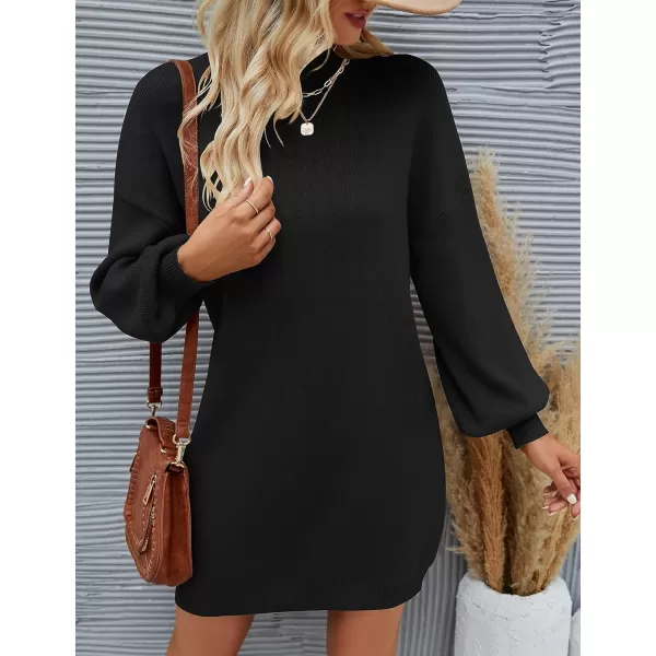 imageZESICA Womens 2023 Fall Turtleneck Sweaters Dress Oversized Long Lantern Sleeve Casual Knit Pullover Short DressesBlack