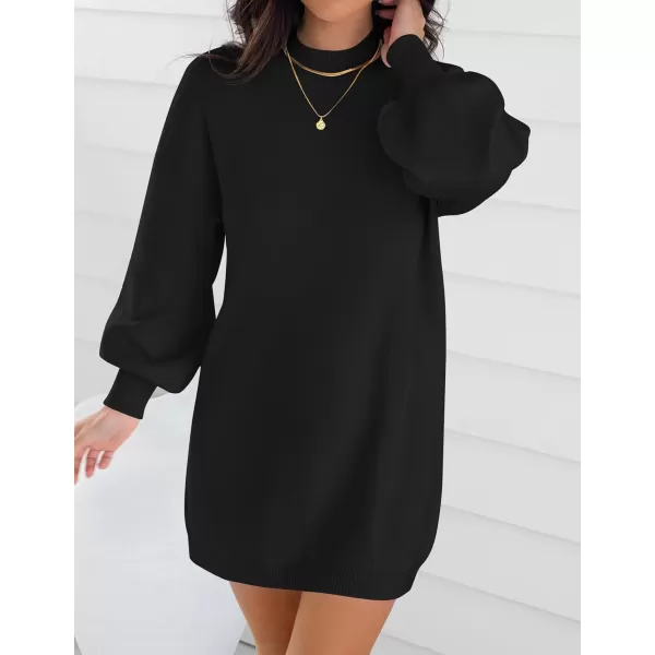 imageZESICA Womens 2023 Fall Turtleneck Sweaters Dress Oversized Long Lantern Sleeve Casual Knit Pullover Short DressesBlack
