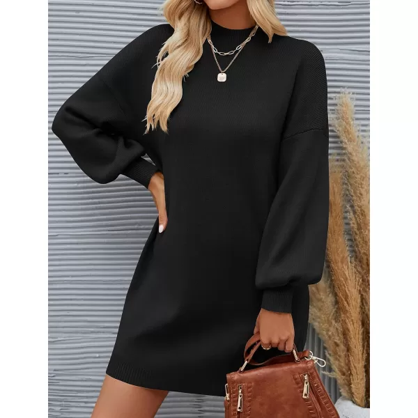 imageZESICA Womens 2023 Fall Turtleneck Sweaters Dress Oversized Long Lantern Sleeve Casual Knit Pullover Short DressesBlack