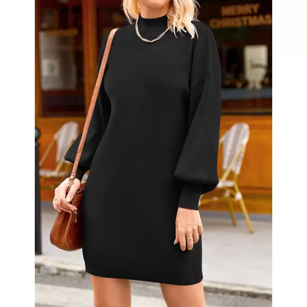 imageZESICA Womens 2023 Fall Turtleneck Sweaters Dress Oversized Long Lantern Sleeve Casual Knit Pullover Short DressesBlack