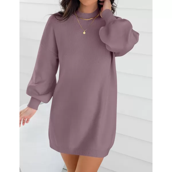 imageZESICA Womens 2023 Fall Turtleneck Sweaters Dress Oversized Long Lantern Sleeve Casual Knit Pullover Short DressesDarkviolet