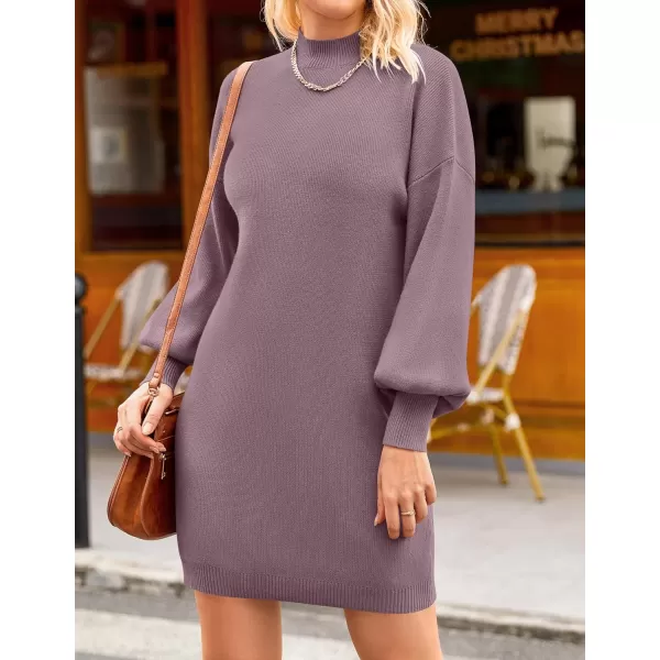 imageZESICA Womens 2023 Fall Turtleneck Sweaters Dress Oversized Long Lantern Sleeve Casual Knit Pullover Short DressesDarkviolet