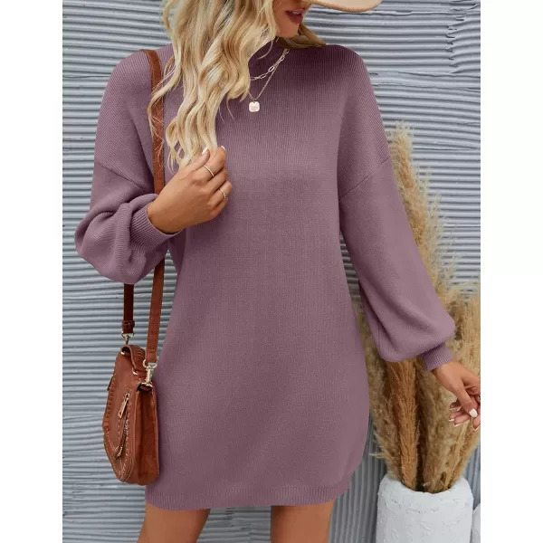 imageZESICA Womens 2023 Fall Turtleneck Sweaters Dress Oversized Long Lantern Sleeve Casual Knit Pullover Short DressesDarkviolet