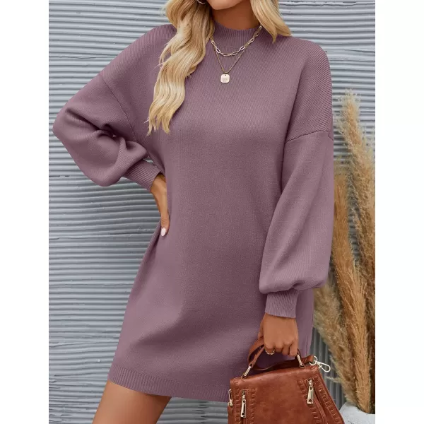 imageZESICA Womens 2023 Fall Turtleneck Sweaters Dress Oversized Long Lantern Sleeve Casual Knit Pullover Short DressesDarkviolet