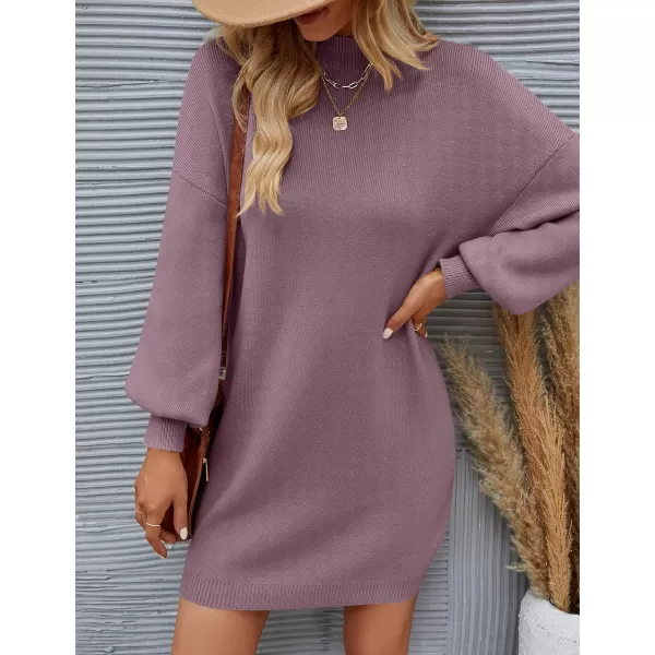 imageZESICA Womens 2023 Fall Turtleneck Sweaters Dress Oversized Long Lantern Sleeve Casual Knit Pullover Short DressesDarkviolet