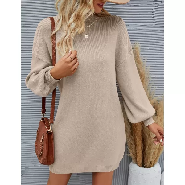 imageZESICA Womens 2023 Fall Turtleneck Sweaters Dress Oversized Long Lantern Sleeve Casual Knit Pullover Short DressesGreykhaki