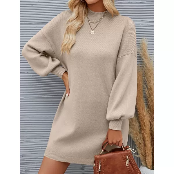 imageZESICA Womens 2023 Fall Turtleneck Sweaters Dress Oversized Long Lantern Sleeve Casual Knit Pullover Short DressesGreykhaki
