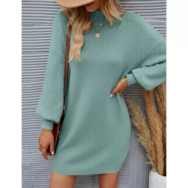 imageZESICA Womens 2023 Fall Turtleneck Sweaters Dress Oversized Long Lantern Sleeve Casual Knit Pullover Short DressesLake