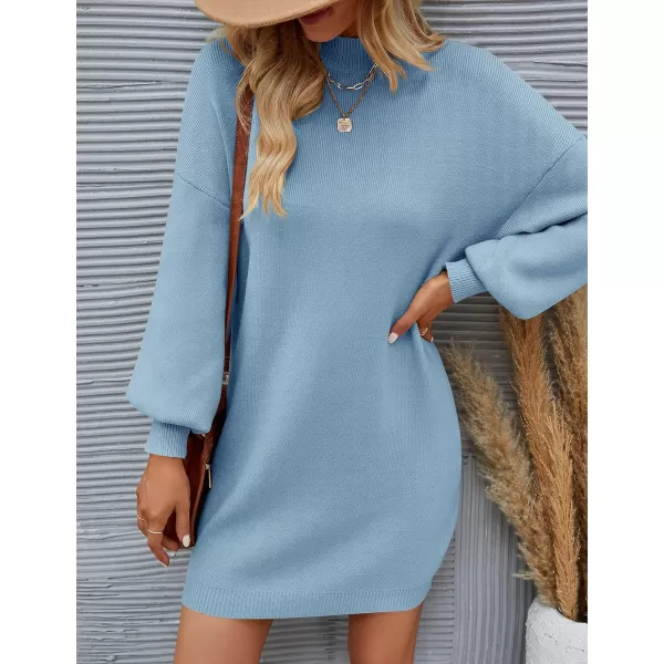 imageZESICA Womens 2023 Fall Turtleneck Sweaters Dress Oversized Long Lantern Sleeve Casual Knit Pullover Short DressesLightblue