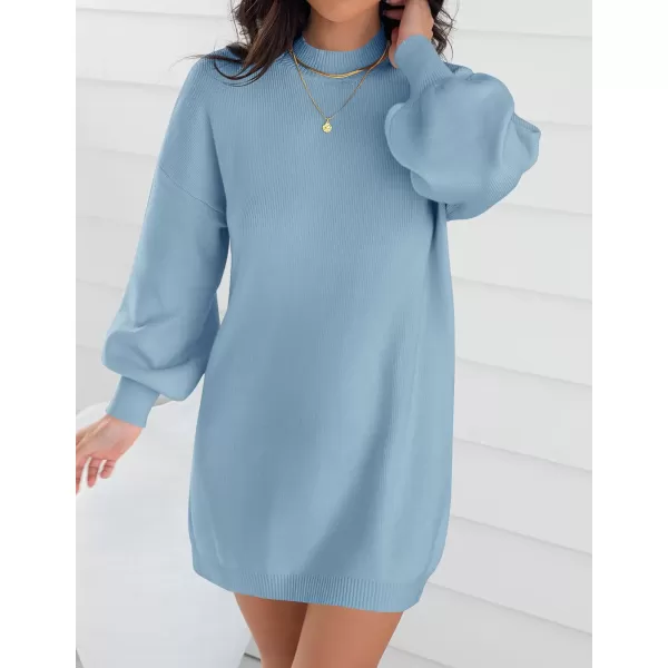 imageZESICA Womens 2023 Fall Turtleneck Sweaters Dress Oversized Long Lantern Sleeve Casual Knit Pullover Short DressesLightblue