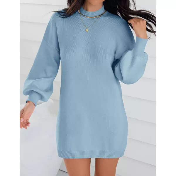 imageZESICA Womens 2023 Fall Turtleneck Sweaters Dress Oversized Long Lantern Sleeve Casual Knit Pullover Short DressesLightblue