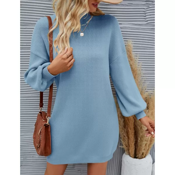 imageZESICA Womens 2023 Fall Turtleneck Sweaters Dress Oversized Long Lantern Sleeve Casual Knit Pullover Short DressesLightblue