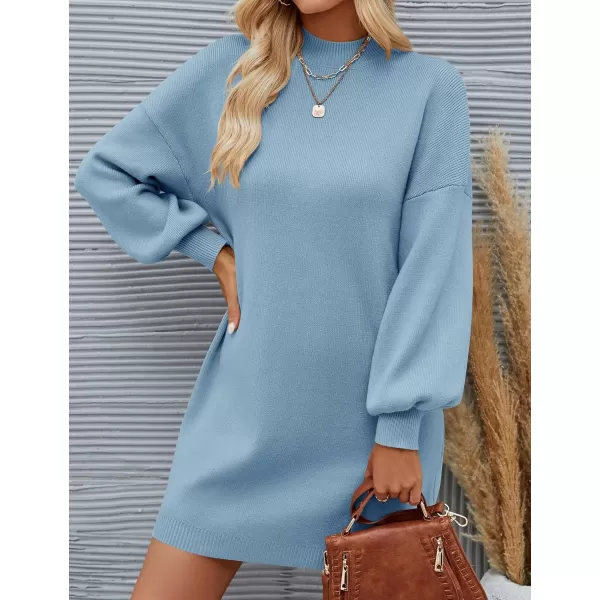 imageZESICA Womens 2023 Fall Turtleneck Sweaters Dress Oversized Long Lantern Sleeve Casual Knit Pullover Short DressesLightblue