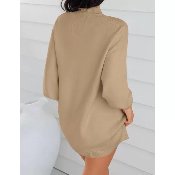 imageZESICA Womens 2023 Fall Turtleneck Sweaters Dress Oversized Long Lantern Sleeve Casual Knit Pullover Short DressesLightcamel