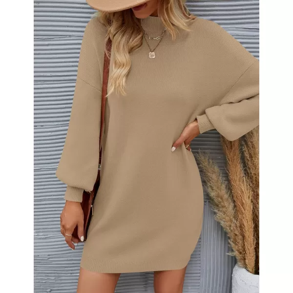 imageZESICA Womens 2023 Fall Turtleneck Sweaters Dress Oversized Long Lantern Sleeve Casual Knit Pullover Short DressesLightcamel