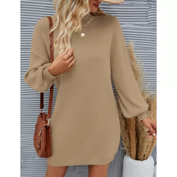 imageZESICA Womens 2023 Fall Turtleneck Sweaters Dress Oversized Long Lantern Sleeve Casual Knit Pullover Short DressesLightcamel
