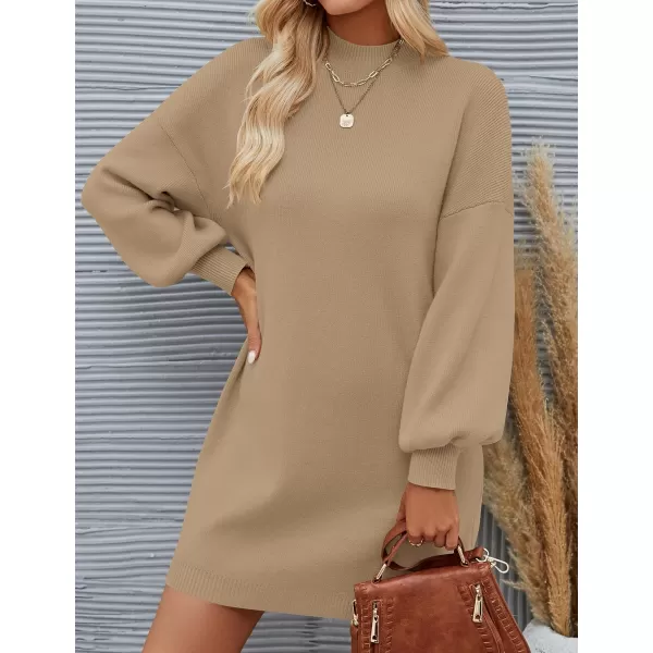imageZESICA Womens 2023 Fall Turtleneck Sweaters Dress Oversized Long Lantern Sleeve Casual Knit Pullover Short DressesLightcamel