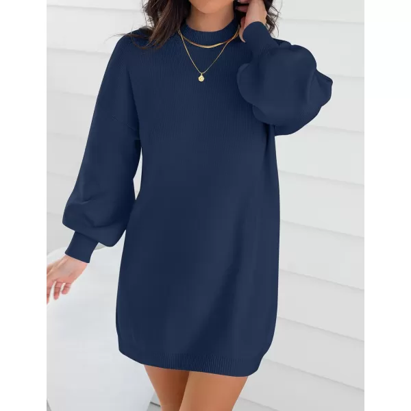 imageZESICA Womens 2023 Fall Turtleneck Sweaters Dress Oversized Long Lantern Sleeve Casual Knit Pullover Short DressesNavy