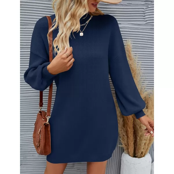 imageZESICA Womens 2023 Fall Turtleneck Sweaters Dress Oversized Long Lantern Sleeve Casual Knit Pullover Short DressesNavy