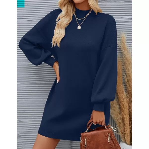 imageZESICA Womens 2023 Fall Turtleneck Sweaters Dress Oversized Long Lantern Sleeve Casual Knit Pullover Short DressesNavy