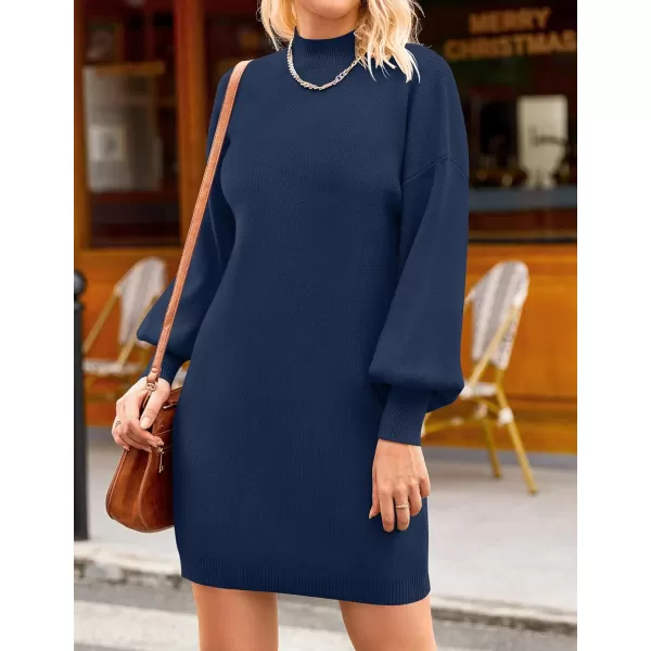 imageZESICA Womens 2023 Fall Turtleneck Sweaters Dress Oversized Long Lantern Sleeve Casual Knit Pullover Short DressesNavy