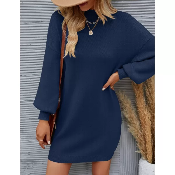 imageZESICA Womens 2023 Fall Turtleneck Sweaters Dress Oversized Long Lantern Sleeve Casual Knit Pullover Short DressesNavy