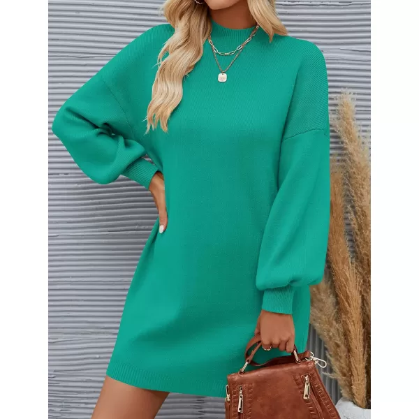 imageZESICA Womens 2023 Fall Turtleneck Sweaters Dress Oversized Long Lantern Sleeve Casual Knit Pullover Short DressesPeacock