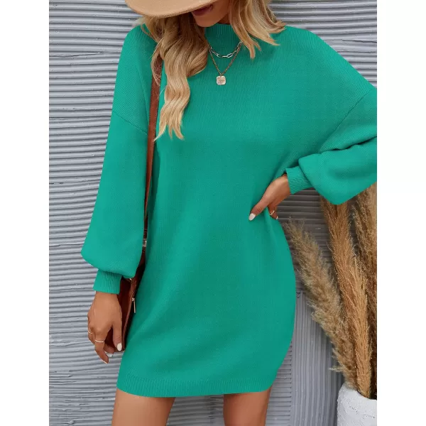 imageZESICA Womens 2023 Fall Turtleneck Sweaters Dress Oversized Long Lantern Sleeve Casual Knit Pullover Short DressesPeacock