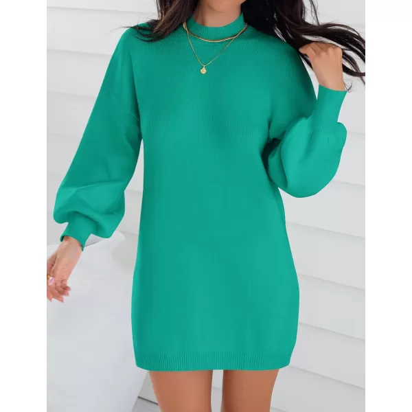 imageZESICA Womens 2023 Fall Turtleneck Sweaters Dress Oversized Long Lantern Sleeve Casual Knit Pullover Short DressesPeacock