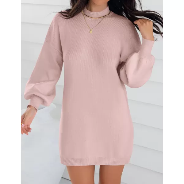 imageZESICA Womens 2023 Fall Turtleneck Sweaters Dress Oversized Long Lantern Sleeve Casual Knit Pullover Short DressesPink