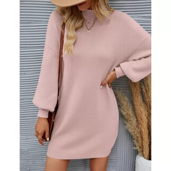 imageZESICA Womens 2023 Fall Turtleneck Sweaters Dress Oversized Long Lantern Sleeve Casual Knit Pullover Short DressesPink