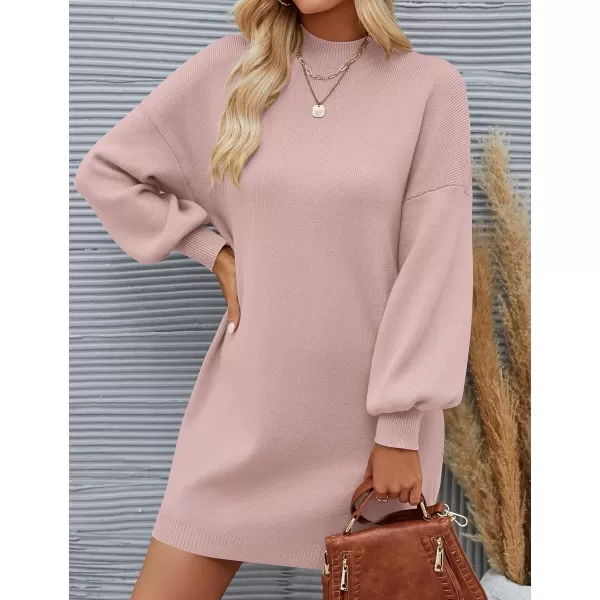 imageZESICA Womens 2023 Fall Turtleneck Sweaters Dress Oversized Long Lantern Sleeve Casual Knit Pullover Short DressesPink