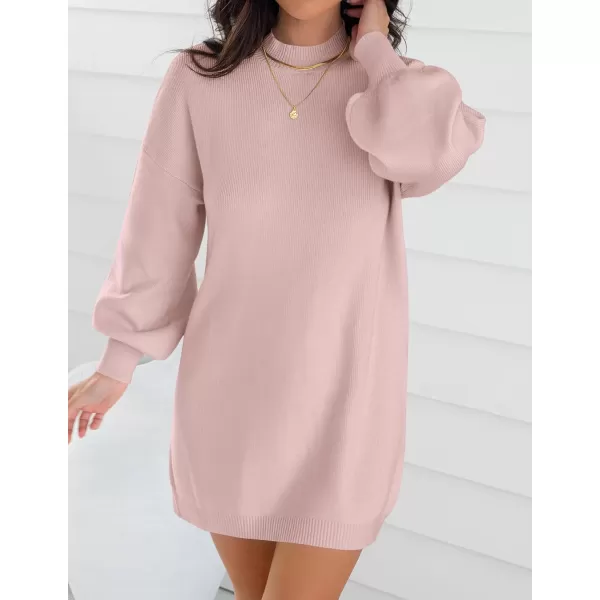 imageZESICA Womens 2023 Fall Turtleneck Sweaters Dress Oversized Long Lantern Sleeve Casual Knit Pullover Short DressesPink