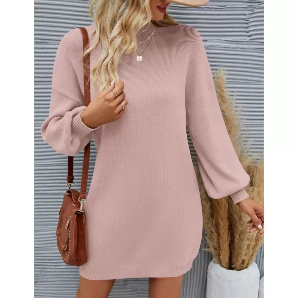 imageZESICA Womens 2023 Fall Turtleneck Sweaters Dress Oversized Long Lantern Sleeve Casual Knit Pullover Short DressesPink