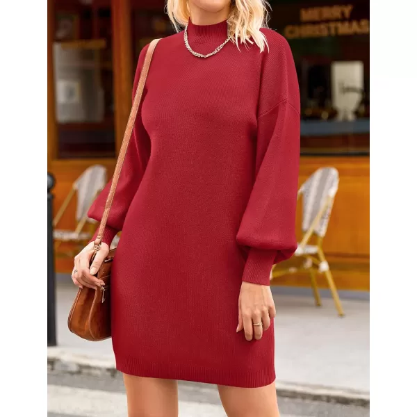 imageZESICA Womens 2023 Fall Turtleneck Sweaters Dress Oversized Long Lantern Sleeve Casual Knit Pullover Short DressesRed