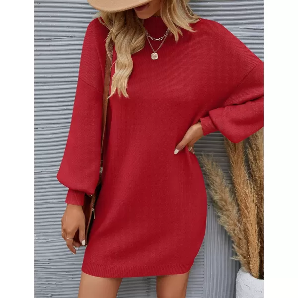 imageZESICA Womens 2023 Fall Turtleneck Sweaters Dress Oversized Long Lantern Sleeve Casual Knit Pullover Short DressesRed