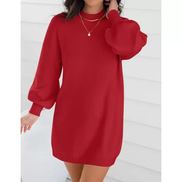 imageZESICA Womens 2023 Fall Turtleneck Sweaters Dress Oversized Long Lantern Sleeve Casual Knit Pullover Short DressesRed