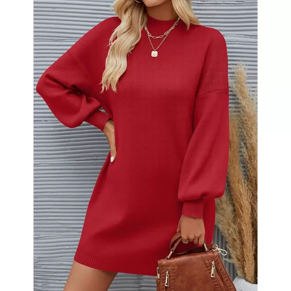 imageZESICA Womens 2023 Fall Turtleneck Sweaters Dress Oversized Long Lantern Sleeve Casual Knit Pullover Short DressesRed