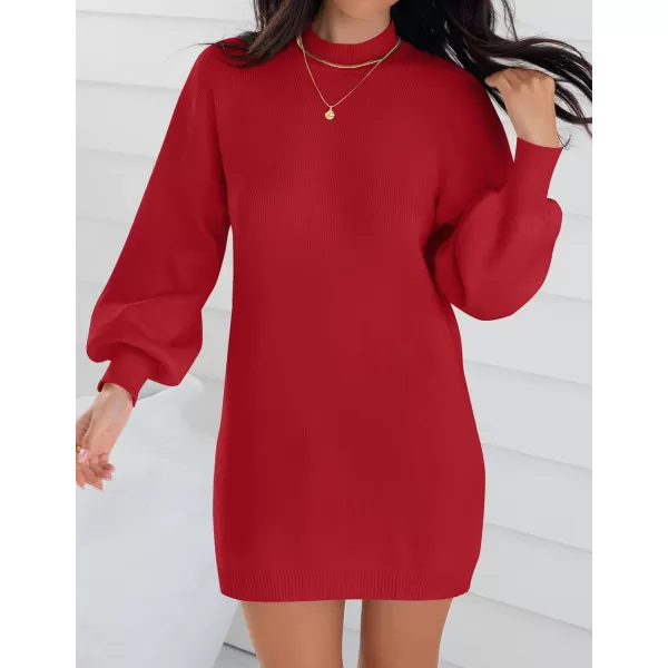 imageZESICA Womens 2023 Fall Turtleneck Sweaters Dress Oversized Long Lantern Sleeve Casual Knit Pullover Short DressesRed