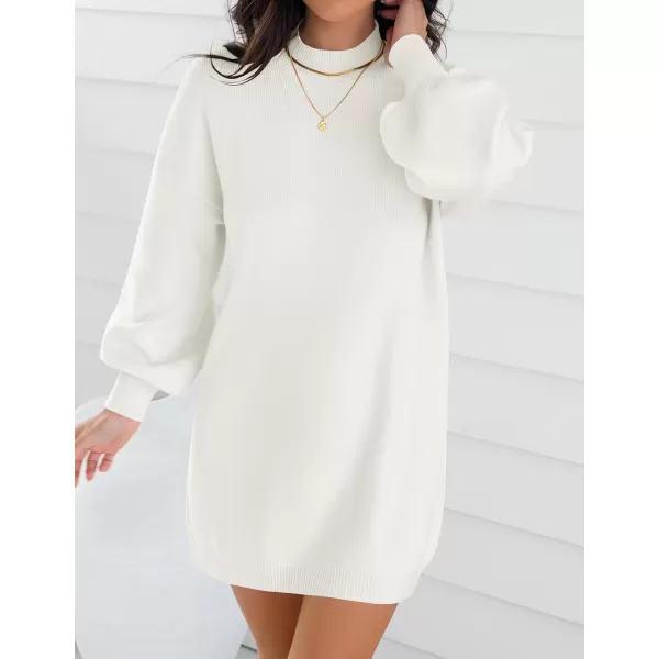 imageZESICA Womens 2023 Fall Turtleneck Sweaters Dress Oversized Long Lantern Sleeve Casual Knit Pullover Short DressesWhite