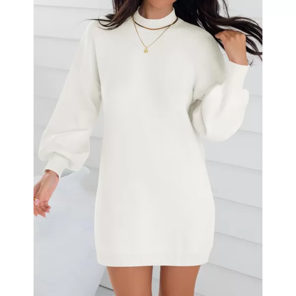 imageZESICA Womens 2023 Fall Turtleneck Sweaters Dress Oversized Long Lantern Sleeve Casual Knit Pullover Short DressesWhite