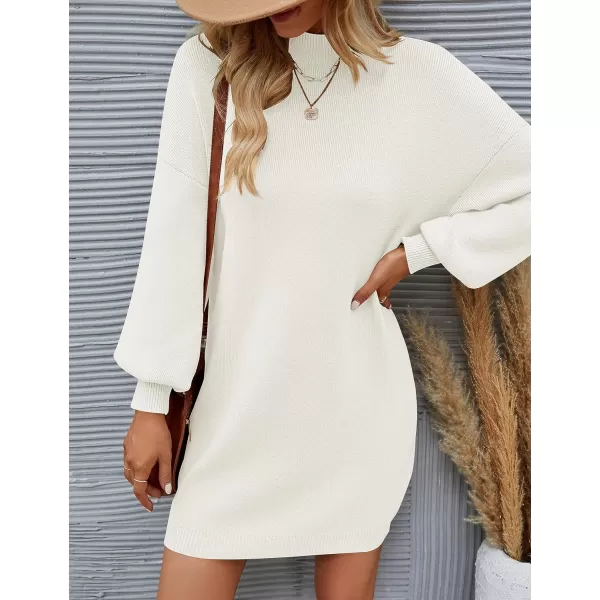 imageZESICA Womens 2023 Fall Turtleneck Sweaters Dress Oversized Long Lantern Sleeve Casual Knit Pullover Short DressesWhite