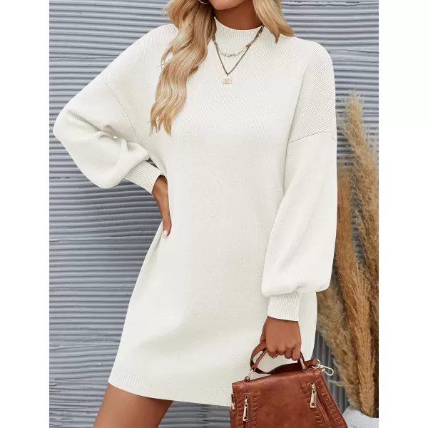 imageZESICA Womens 2023 Fall Turtleneck Sweaters Dress Oversized Long Lantern Sleeve Casual Knit Pullover Short DressesWhite