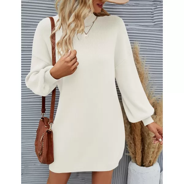 imageZESICA Womens 2023 Fall Turtleneck Sweaters Dress Oversized Long Lantern Sleeve Casual Knit Pullover Short DressesWhite